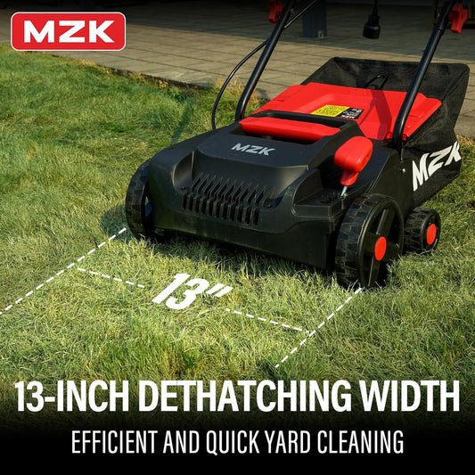 MZK 13-inch 13-Amp 2-in-1 Electric Dethatcher and Scarifier w/Removeable 4-Position Height Adjustment,Lawn dethatcher w/8-Gallon Thatch Collection Bag,Keep Lawn Health (DS13A04)
