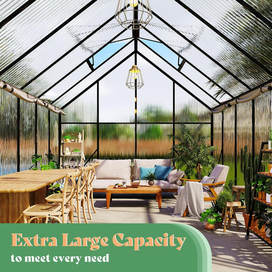 Amerlife 8x10x7 FT Polycarbonate Greenhouse for Outdoors, Walk-in Design with Aluminum Frame, 2 Windows and Swing Door, Heavy-Duty Greenhouse Construction for Garden, Black