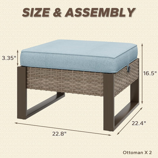 Patio Metal Wicker Ottoman Set of 2, Outdoor PE Rattan Footstools with Removable Cushions & Metal Steel Framed Legs for Garden Backyard Porch Deck, Baby Blue