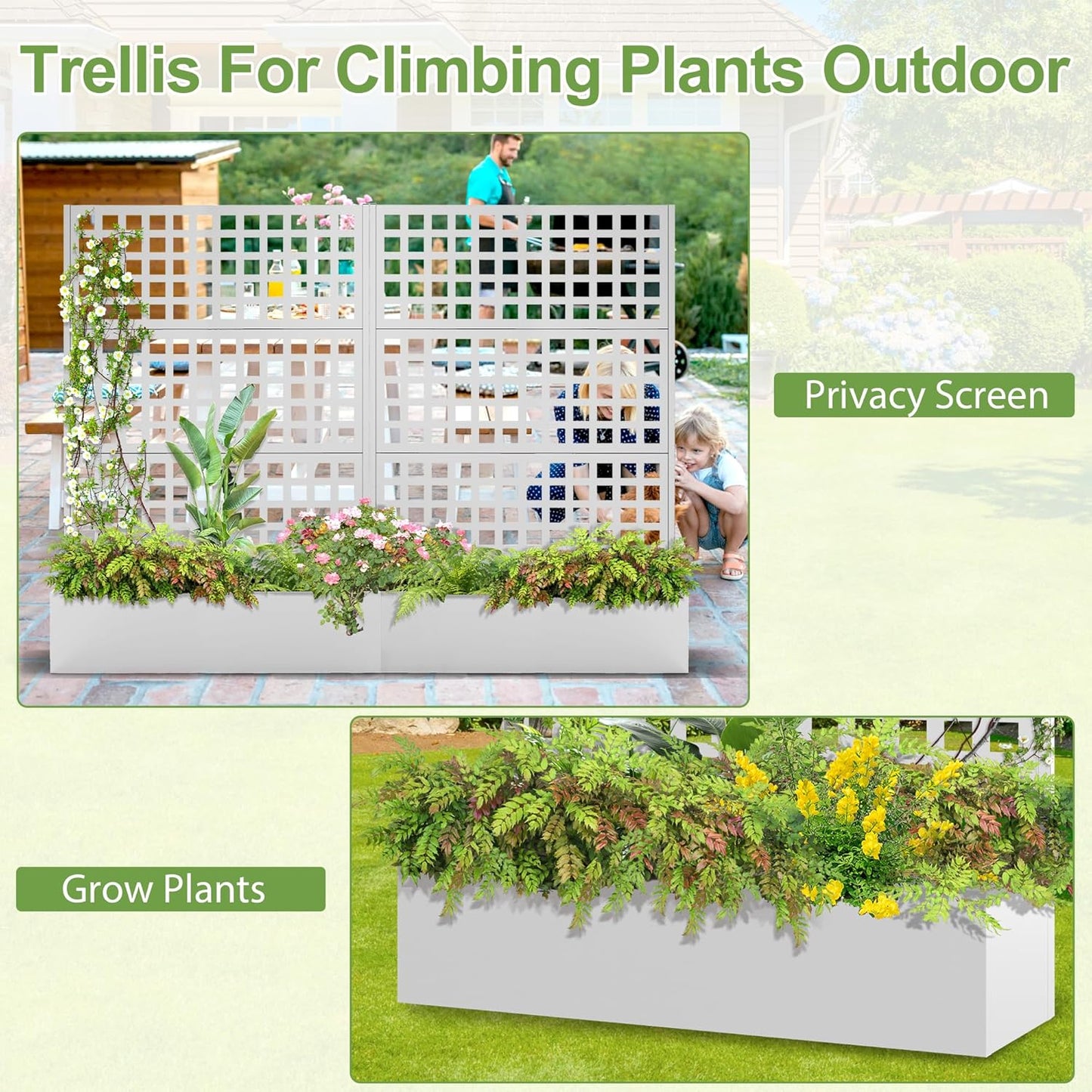 Metal Raised Garden Bed, Trellis Planters Bed with Drainage Holes for Climbing Plants, Vegetables Outdoor Privacy Screen with Planter Box 73"x47"x16", White