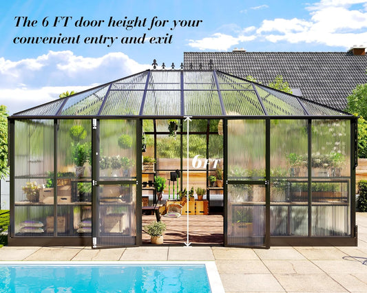 Jocisland 16x12x9.5 FT Polycarbonate Greenhouse- 6 FT Wall Height Outdoor Aluminum Greenhouses with 2 Ventilation and Rain Gutter, Double Doors with Hook, Walk-in Greenhouse for Backyard Garden