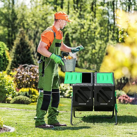 YITAHOME Large Outdoor Dual Chamber Compost Bin, 37 Gallon Rotating Composter Tumbling with 2 Sliding Doors and Aeration System, Garden Compost Tumbler (2x18.5 Gallon,Green)