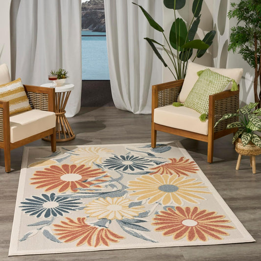 Nourison Aloha Ivory Rose 5'3" x 7'5" Area Rug - Easy Clean, Non Shedding, Bed Room, Living Room, Dining Room, Kitchen (5' x 8')