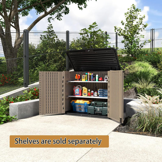 HOMSPARK Storage Shed Weather Resistance, Multi-Purpose Outdoor Storage Cabinet for Backyards and Patios, Horizontal Storage Shed for Lawnmower, Patio Accessories (Coffee, Large - 26 cu.ft)