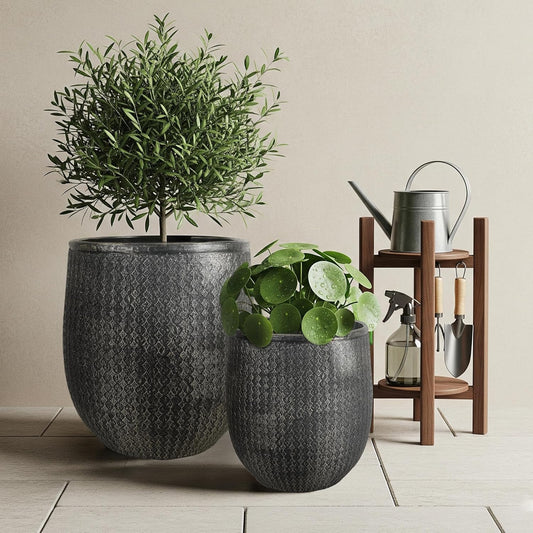 Worth Garden Large Round Planters Set of 2 (14.5"x17.5" & 12" x15â) - Lightweight Magnesium Oxide Cement Plant Pot with Texture - Concrete Look with Drainage Hole â Indoor & Outdoor Use - Black Gold