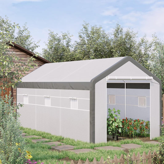 Outsunny 20' x 10' x 9' Walk-in Greenhouse, Outdoor Garden Warm Hot House with 6 Roll-up Windows, 2 Zippered Doors and Weather Cover, White