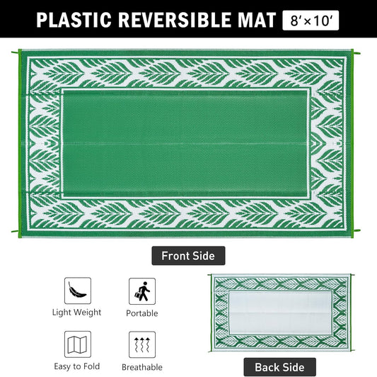 8x10 Patio Waterproof Outdoor Rug Outrside Camping Carpet RV Area Rug Reversible Green Rugs for Deck Entryance Porch Picnic Balcony Beach