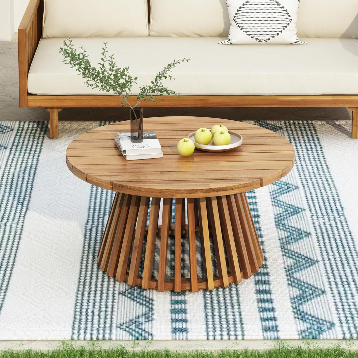 Christopher Knight Home Claremont Patio Sofa and Coffee Table Set, 2 Piece Outdoor Patio Furniture Set with Cushion, Acacia Wood 3 Seater Outdoor Sofa Daybed and Coffee Table Set, Teak+Dark Teal