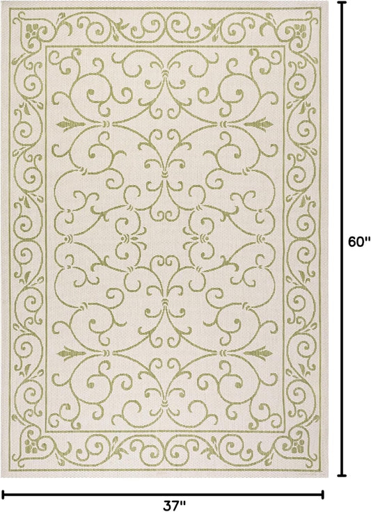 JONATHAN Y SMB106I-3 Charleston Vintage Filigree Textured Weave Indoor Outdoor Area Rug, Coastal,Traditional,Transitional Easy Clean,Bedroom,Kitchen,Backyard,Patio, Non-Shed, Cream/Green, 3 X 5