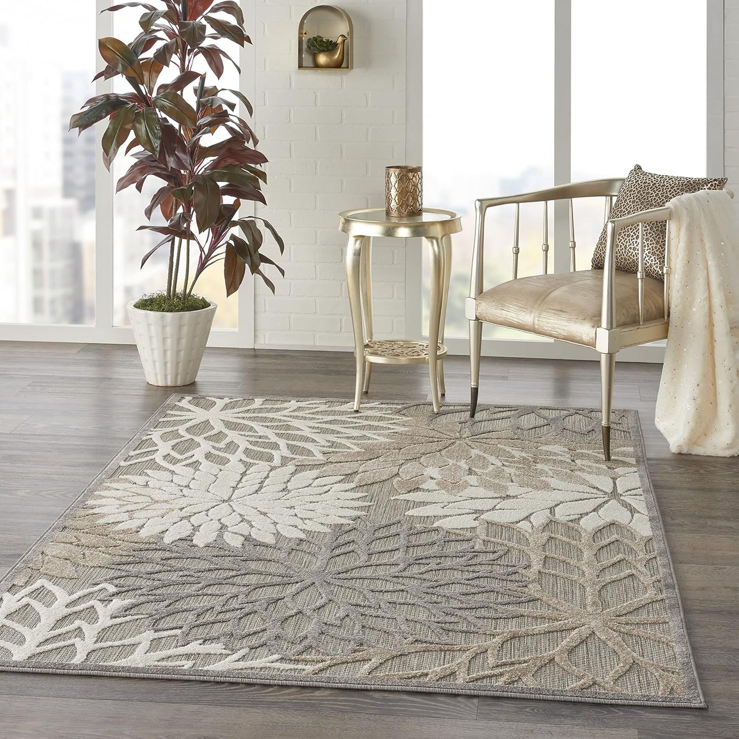 Nourison Home Aloha Indoor/Outdoor Floral Natural 5'3" x 7'5" Area Rug (5' x 8'), 5'3"X7'5",