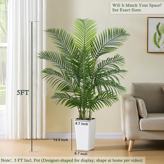Artificial Palm Tree:5FT Tropical Fake Silk Plant UV Resistant Faux Areca Palm with White Planter & Black Pebbles for Home Office Living Room Decor Indoor Patio Porch Balcony (5FT,1-Pack,White)