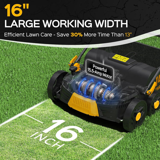 16-Inch 15.5 Amp 2-in-1 Electric Dethatcher and Scarifier, Lawn Dethatcher Rake with 14.5-Gallon Removable Thatch Bag, 5-Position Adiustment, Quick-Fold, Keeps Lawn Healthy - Yellow