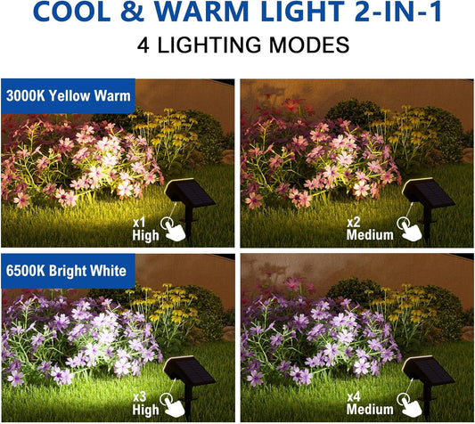 Solar Spot Lights Outdoor Waterproof IP65,4 Pack,2CCT(3000K/6500K),4 Lighting Modes Selectable, Solar Powered Yard Garden Solar Spot Lights for Outside Landscape Auto On/Off