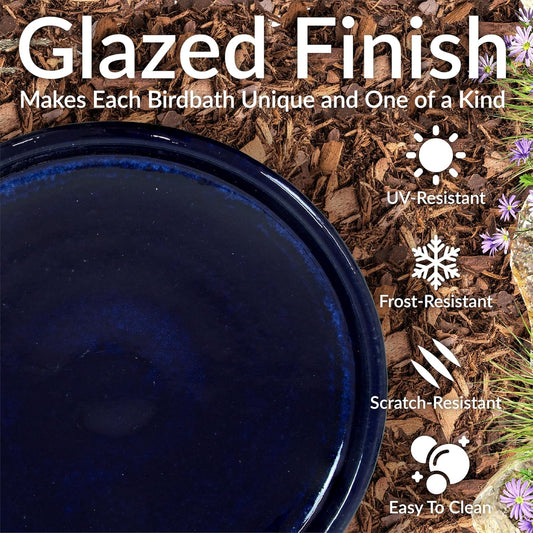 Sunnydaze 21" H Ceramic Bird Bath for Outside - Hand-Painted Outdoor Bird Bath Bowl, UV/Frost-Resistant Finish - Midnight Blue - Ribbed Pedestal