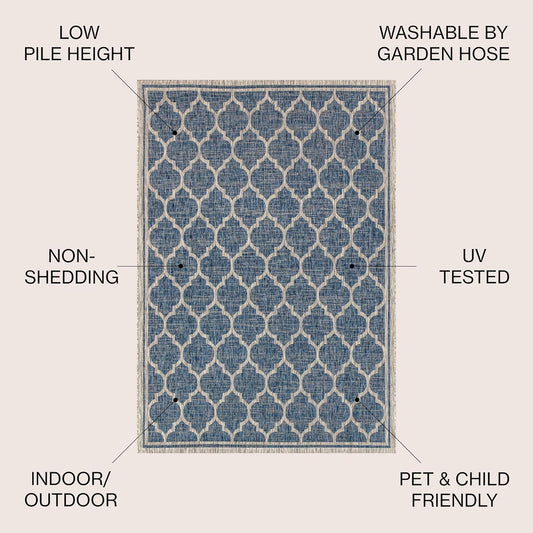 Eyely BMS109D-3R Santa Monica Trebol Moroccan Trellis Textured Weave, Pet Friendly, Non-Shedding, Stain Resistant, Easy-Cleaning, Navy/Gray, 3' Round, Indoor/Outdoor, Area Rug