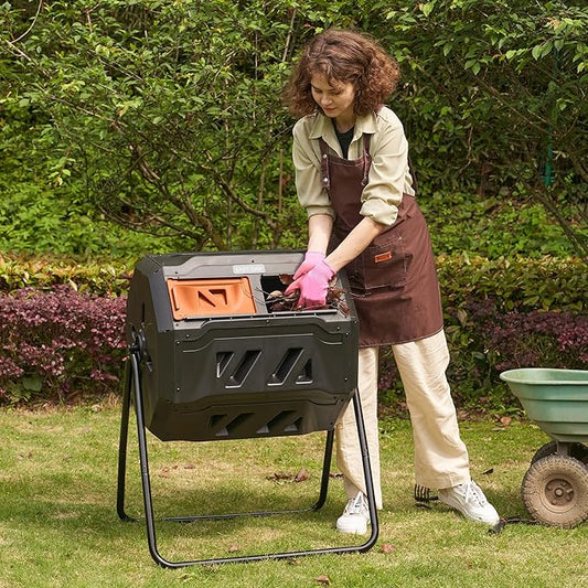 East Oak Compost Tumbler Outdoor, 43-Gallon Tumbling Compost Bin with 2 Sliding Orange Doors & Aeration System, Tumbling Rotating Composter Bin for Kitchen, Garden, Yard,