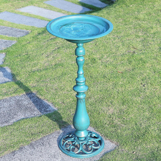 26.6”H Cast Iron Pedestal Bird Bath,Metal Birdbaths Bird Feeder Seed Tray for Garden Yard Decor -Blue.