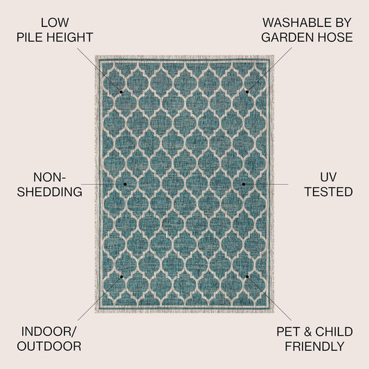 Eyely BMS109E-4SQ Santa Monica Trebol Moroccan Trellis Textured Weave, Pet Friendly, Non-Shedding, Stain Resistant, Easy-Cleaning, Teal/Gray, 4' Square, Indoor/Outdoor, Area Rug