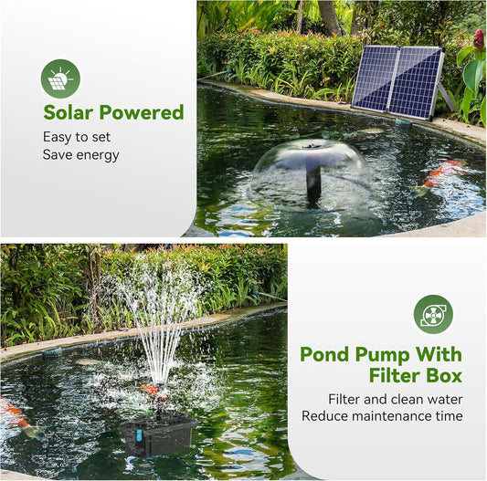 NFESOLAR Pond Filter Fountain with 50W Solar Panel, 580 GPH Water Pump, 10 FT Extension Cord, Solar Fountain Pump with Pond Filter Box Outdoor for Koi Ponds Water Feature Waterfall Pool