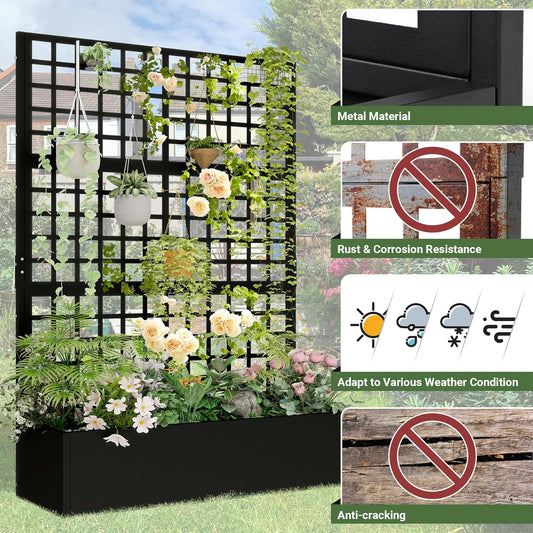 Metal Planter with Trellis 72" x 47ââ x 16", Raised Garden Bed with Trellis, Planter Box with with Privacy Screen for Climbing Plants, Flowers, Vegetables, Fruits