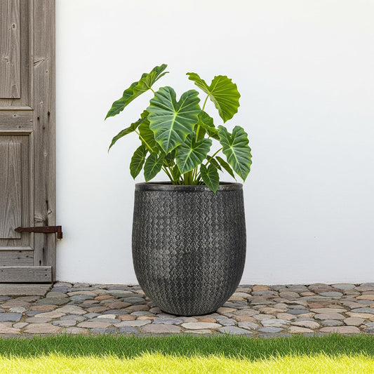 Worth Garden 12" Dia x 15" H Round Planter â Lightweight Magnesium Oxide Cement Plant Pot with Texture â Raised Pattern Concrete Look â Drainage Hole â Indoor & Outdoor Use - Black Gold