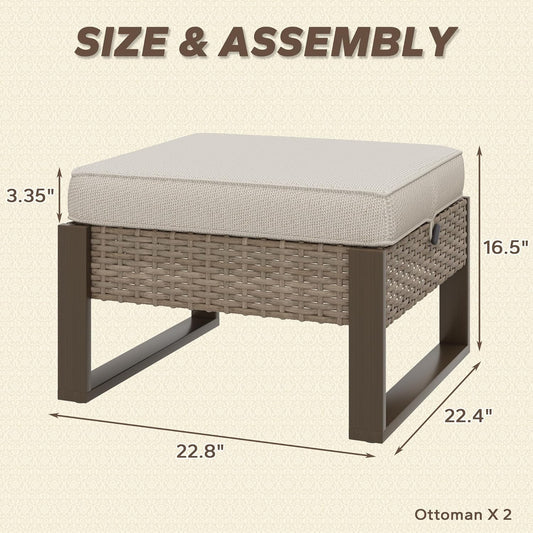 Patio Metal Wicker Ottoman Set of 2, Outdoor PE Rattan Footstools with Removable Cushions & Wood Looking Metal Steel Framed Legs for Garden Backyard Porch Deck, Beige