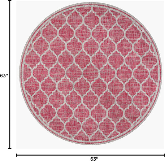 Eyely BMS109H-5R Santa Monica Trebol Moroccan Trellis Textured Weave Indoor/Outdoor Area Rug Coastal;Bohemian, Bedroom, Backyard, Patio, Easy-Cleaning, Non-Shedding, 5' Round, Fuchsia/Light Gray