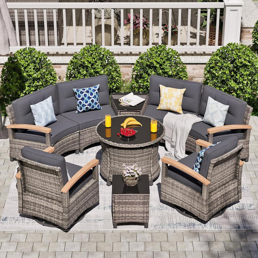 9 Piece Outdoor Patio Furniture Set, Half-Moon Curved Sectional Sofa Rattan Conversation Set with 2 Wood Armrests Swivel Rocker Chairs, Round Coffee Table & Side Table(Grey)