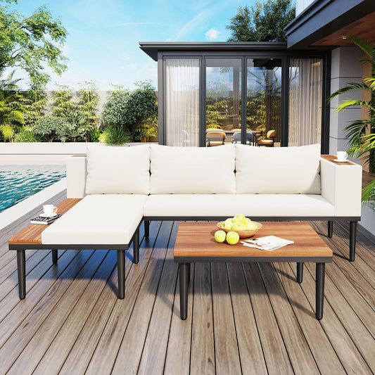 Acacia Wood Patio Furniture Set, Luxury Outdoor Conversation Sectional Sofa with Removable Cushions and Coffee Table, Side Table, L-Shaped Sofa Set for Backyard, Porch (Beige/17)