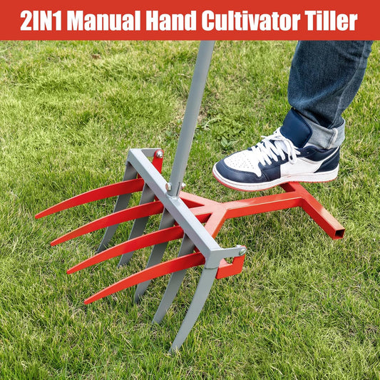 2IN1 Broad Fork Tool, Manual Hand Cultivator Tiller, Garden Twist with 5+4 Steel Tines, Pitchfork Tool for Farm Loosening, Garden Lawn, Regularly Digging, Crushing Soil