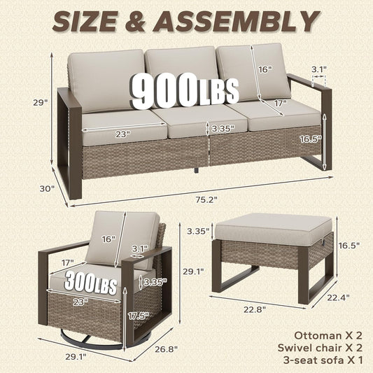5 Pieces Metal Wicker Patio Furniture Set with 75" Sofa, Two Swivel Chairs and Two Ottomans, All Weather Rattan Outdoor Conversation Furniture with Washable Cushions for Porch, Beige