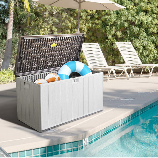 110 Gallon Pro Outdoor Storage Box, Waterproof Resin Deck Box for Patio, Pool, and Garden, Lockable Bin for Cushions, Tools, and Accessories, UV-Resistant, Grayish Brown