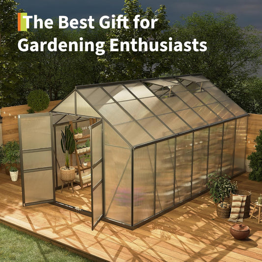 8*14 FT Outdoor Walk-in Greenhouse, Polycarbonate Green House, Heavy Duty Greenhouse with Vented Roof Window, Windproof Aluminum Frame, Suitable for Outside Gardening, Backyard, Patio