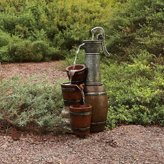Alpine Corporation ZEN403S Indoor/Outdoor Floor Vintage Farmhouse Barrel Fountain, Rustic Waterfall for Garden, 24", Brown