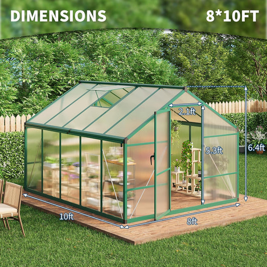 8 x 10 FT Greenhouse, Greenhouses for Outside, Polycarbonate Greenhouse with Aluminum Frame, Lockable Door and Ajustable Roof Vent for Backyard, Green Houses for Outside Garden Backyard, Patio
