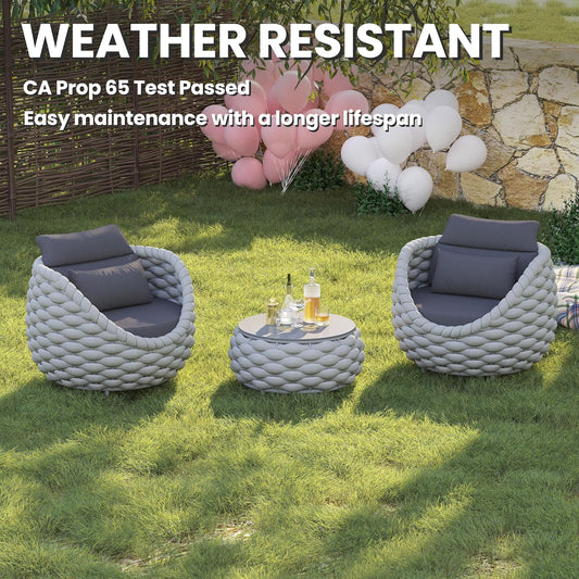 Front Porch Furniture Set 3 Piece: Aluminum Woven Rope Patio Conversation Sofa Set for 2 - Assembled Outdoor Deck Couch Armchair Set Cushions - for 400lb Balcony Pool Yard Bistro Hotel - Gray