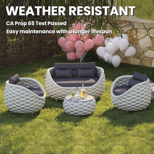 Aluminum Patio Furniture Set: 4 Pieces Woven Rope Outdoor Conversation Sofa Set Assembled - Modern Cushioned Armchair Couch Set for 660lbs Porch Deck Backyard Poolside Garden Drawing Room Hotel