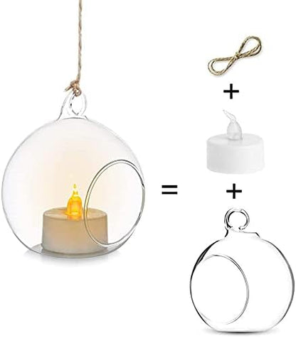 Sziqiqi Hanging Glass Globes Orbs Tea Light Candle Holders with Flameless LED Tealight for Wedding Ornaments Wedding Birthday Christmas Party Centerpiece Accessory 3.15in 100pcs