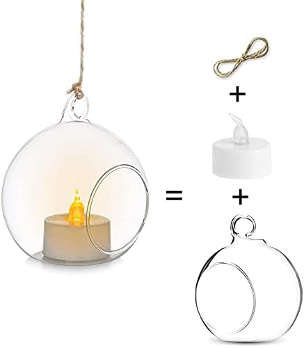 Sziqiqi Hanging Glass Tealight Candle Holder with LED Candles - 3.15inch Tea Light Globe Terrarium Holders Ornament for Wedding Christmas Birthday Halloween Party Centerpieces Decor 24pcs