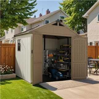 Patiowell 8 x 6 FT Plastic Outdoor Storage Shed with Floor, Resin Shed with Window and Lockable Door for Garden, Backyard, Tool Storage Use, Easy to Install in Brown (Kick-it Shed)