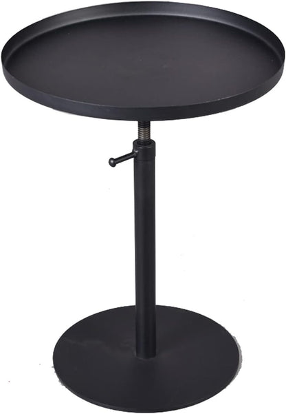 Outdoor Side Table,Tray Metal Sofa End Table, Accent Coffee Table, Adjustable Height, Waterproof and Anti-Rust Outdoor&Indoor Snack Table, Black (Round Top)