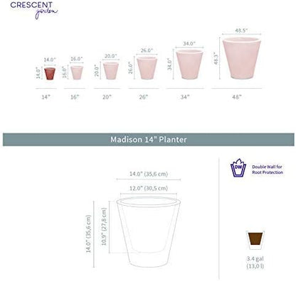 Crescent Garden Madison Planter– Weather-Resistant, Double Walled Indoor/Outdoor Plant Pot with Drain Hole – Durable All-Season Plastic Flower Container, 14" W (Terracotta-Colored)