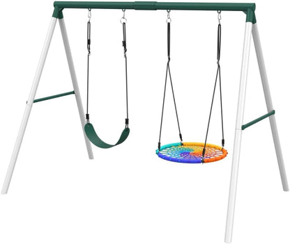 Hapfan 7.5ft Tall Swing Sets for Backyard, 500lbs Heavy Duty Swing Set for Kids and Adults with Spider Swing and Belt Swing, Outdoor Playground Sets for Backyards (Green and White)