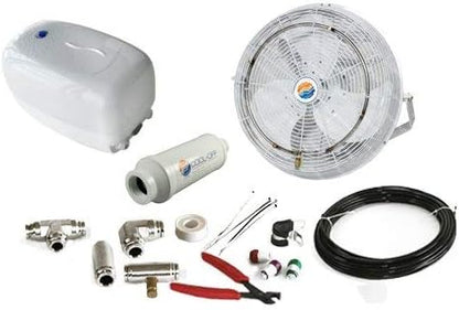 Misting Fan Kit with 2 Black Fan 20”, Mid Pressure Pump, Misting Rings, Nozzles, Nylon tubing, Filtration system & Manual, Connects to Any Outdoor Fans, Mister System for Lawn Patio Garden