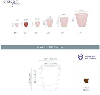 Crescent Garden Madison Planter– Weather-Resistant, Double Walled Indoor/Outdoor Plant Pot with Drain Hole – Durable All-Season Flower Container, 16" W (Bark)