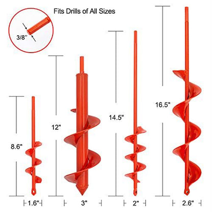 Auger Drill Bit for Planting Set of 4, Garden Ground Earth Spiral Drill Bit for 3/8" Hex Drive Drill, for Post Hole Digger Bulb Bedding Digging Plant Rapid Planter