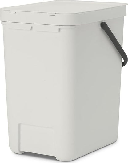 Brabantia Sort & Go Kitchen Recycling Bin | M / 6.6 Gal / 25L | Light Gray | Removable Stay-Open Lid, Carry Handle | Trash Can for Bottles, Cans, Paper, Glass | Wall-Mounting Bracket Sold Separately