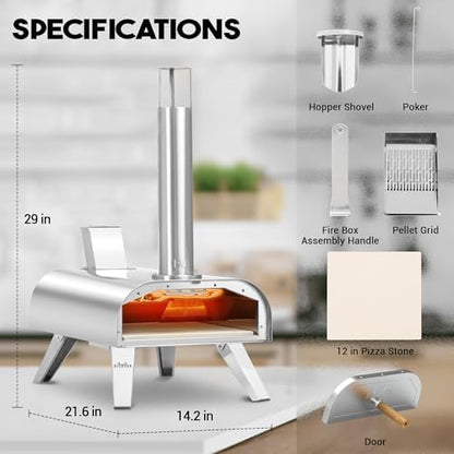 BIG HORN OUTDOORS 12" Dual Fuel Pizza Oven – Electric & Wood Pellet, Indoor & Outdoor High-Temp Pizza Maker (1000°F) with Pizza Stone for Wood-Fired Flavor