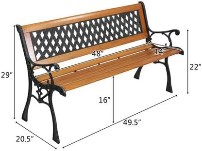 Outvita 49.5in Garden Bench, Deck Hardwood Seat and Metal Armrest Park Bench for Patio Front Porch Path Yard Lawn Poolside (Rhombic)