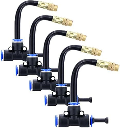 Mornajina 5Packs Brass Misting Nozzles Tee with 4inch Built in Hose for Outdoor Cooling System, Adjustable 360° Rotation, Water Mister Nozzles Thread Sprayer 0.043" (1.1 mm)
